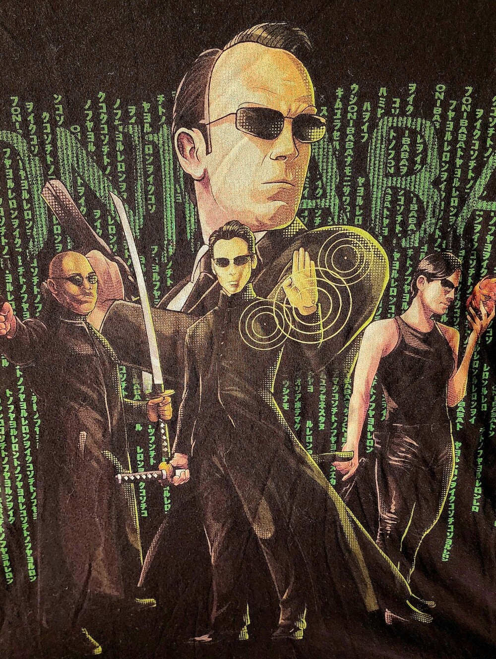 Koioki Matrix Black Short-Sleeve Graphic Tee with Green and Yellow Print